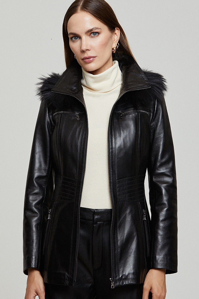 Rachel Women's Black Hooded Fur Leather Coat