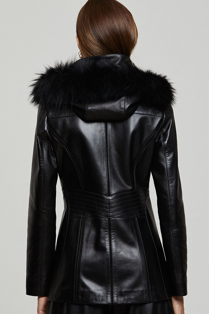 Rachel Women's Black Hooded Fur Leather Coat