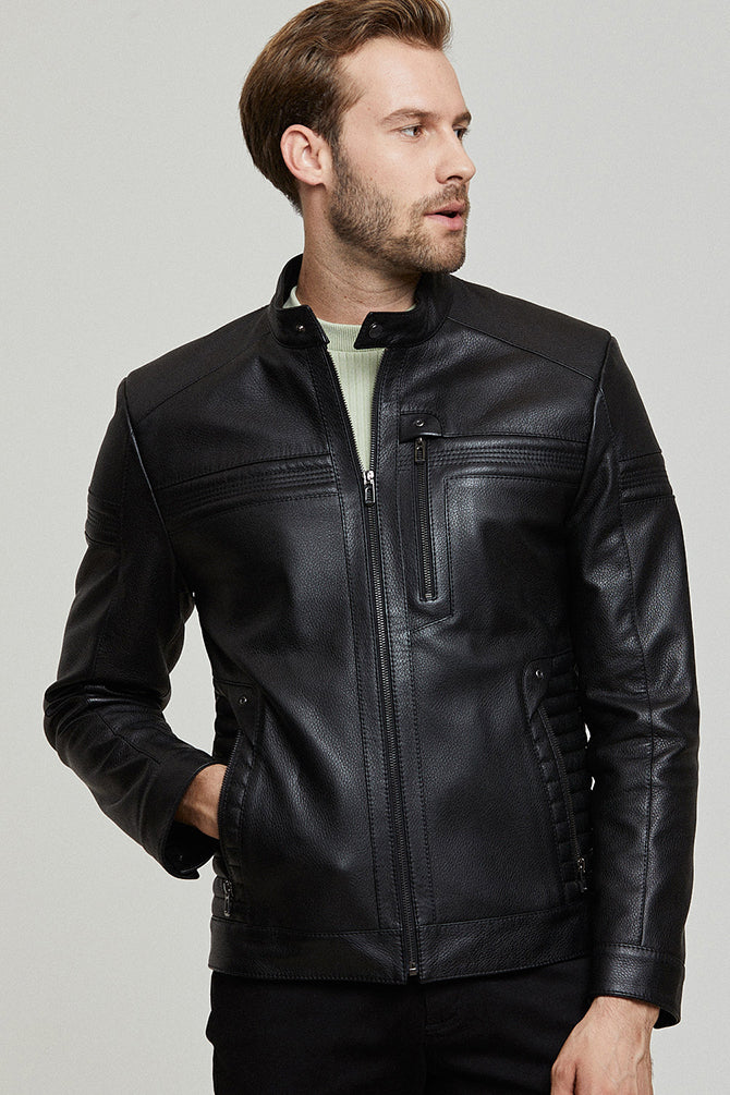 Gobert Erkek Siyah Slim-Fit Deri Mont