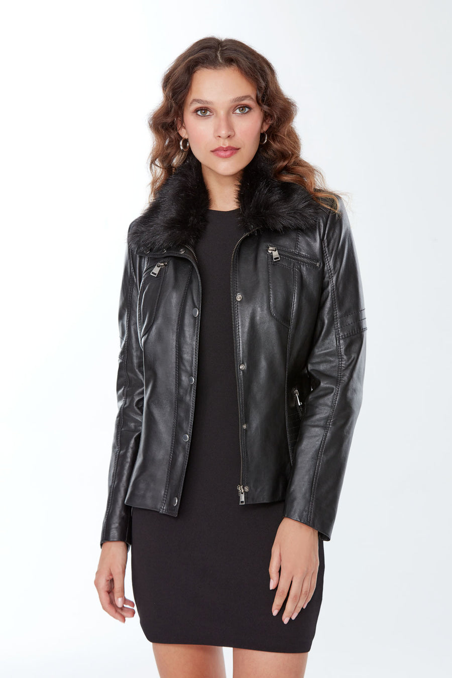 Belinda Women's Black Leather Jacket with Fur Collar 21WGE59241M | Derimod