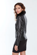 Belinda Women's Black Leather Jacket with Fur Collar | Derimod