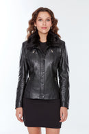 Belinda Women's Black Leather Jacket with Fur Collar | Derimod