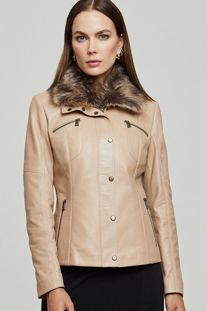 Belinda Women's Beige Leather Jacket with Fur Collar 21WGE59241M | Derimod