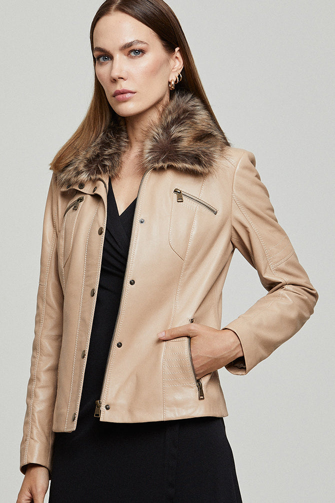 Belinda Women's Beige Leather Jacket with Fur Collar