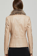 Belinda Women's Beige Leather Jacket with Fur Collar | Derimod