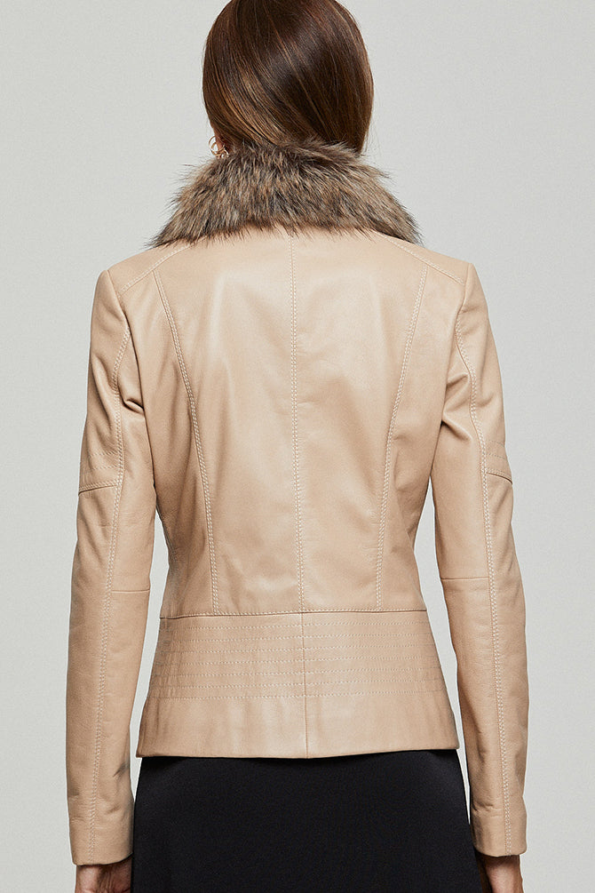 Belinda Women's Beige Leather Jacket with Fur Collar