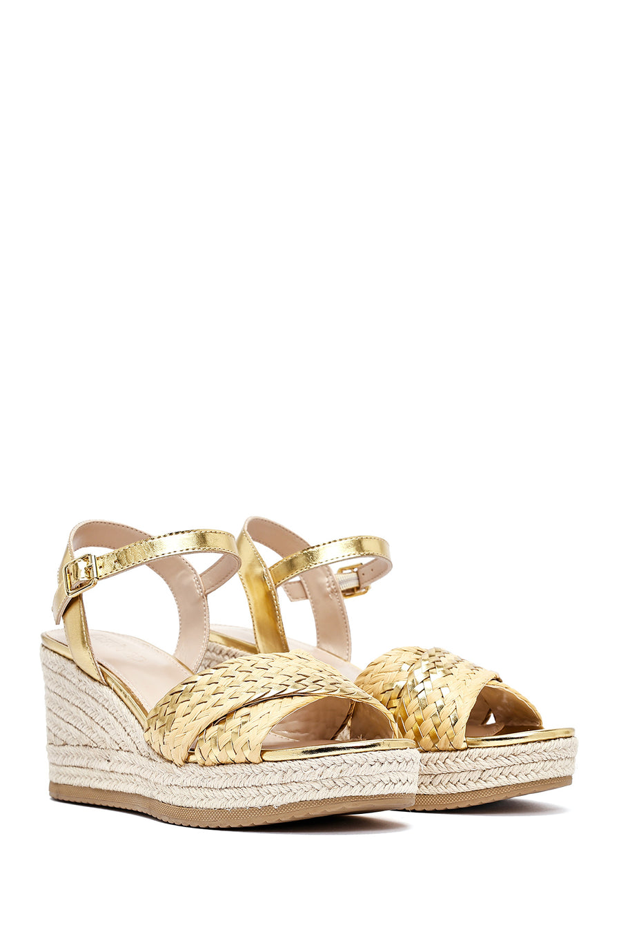 Women's Gold Ankle Buckle Braided Wedge Heel Espadrille Sandals