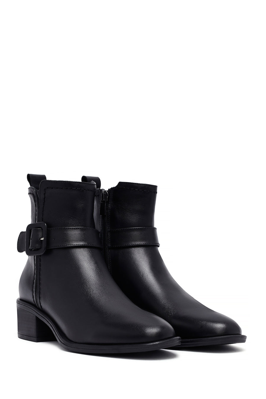 Women's Black Zippered Short Thick Heeled Leather Boots