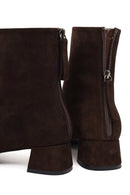 Woman Brown Zip Closure Short Thick-Heeled Suede Boots | Derimod