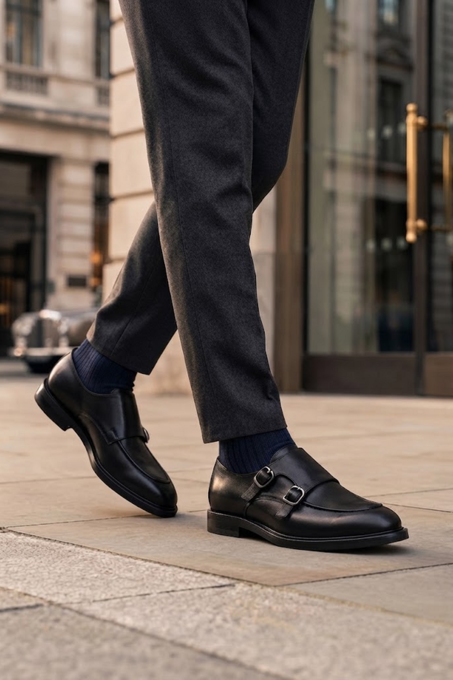 Male Black Double-Buckle Leather Casual Shoes