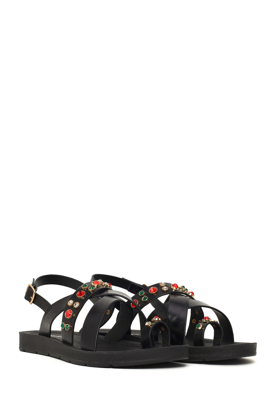 Woman Black Back-Buckled Rhinestone Sandals