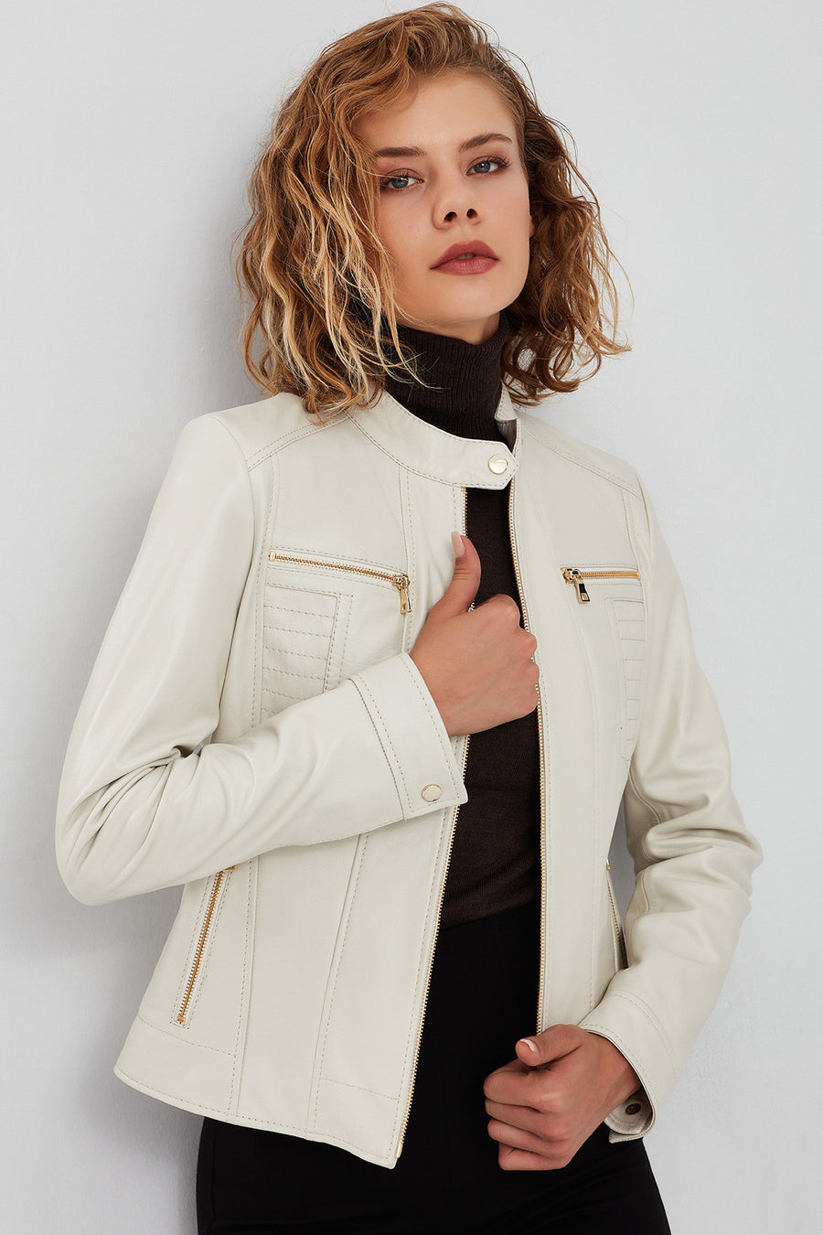 Marlyn Women's Beige Short Leather Jacket