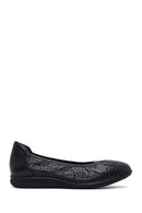 Women's Black Patterned Leather Ballet Flats | Derimod
