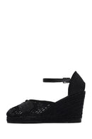 Women's Black Ankle Strap Patterned Wedge Heel Espadrilles | Derimod