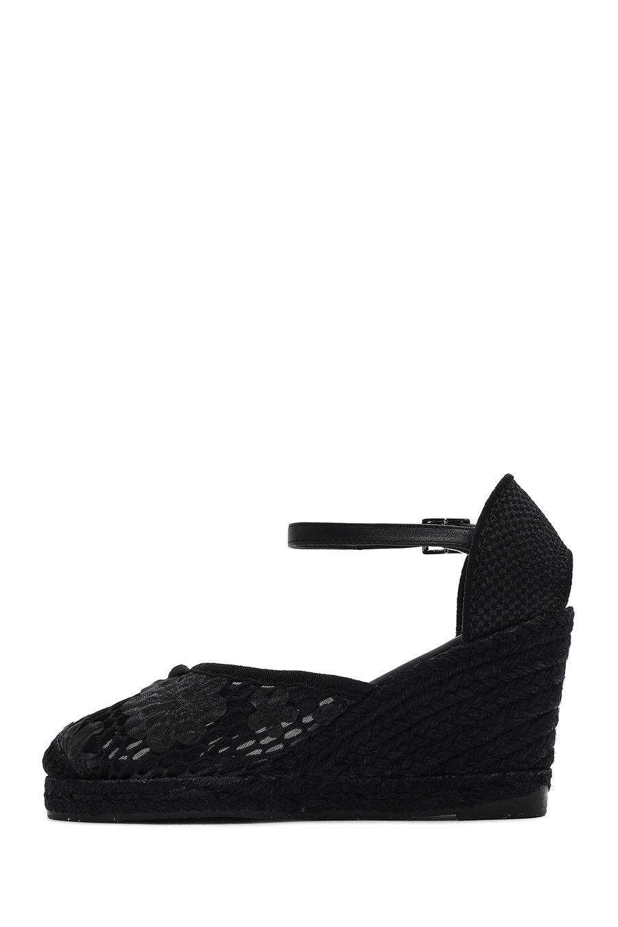 Women's Black Ankle Strap Patterned Wedge Heel Espadrilles