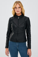 Tiffany Women's Black Slim-Fit Short Leather Jacket | Derimod