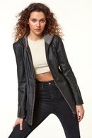 Pamela Women's Black Hooded Long Leather Jacket | Derimod