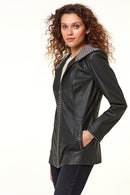 Pamela Women's Black Hooded Long Leather Jacket | Derimod