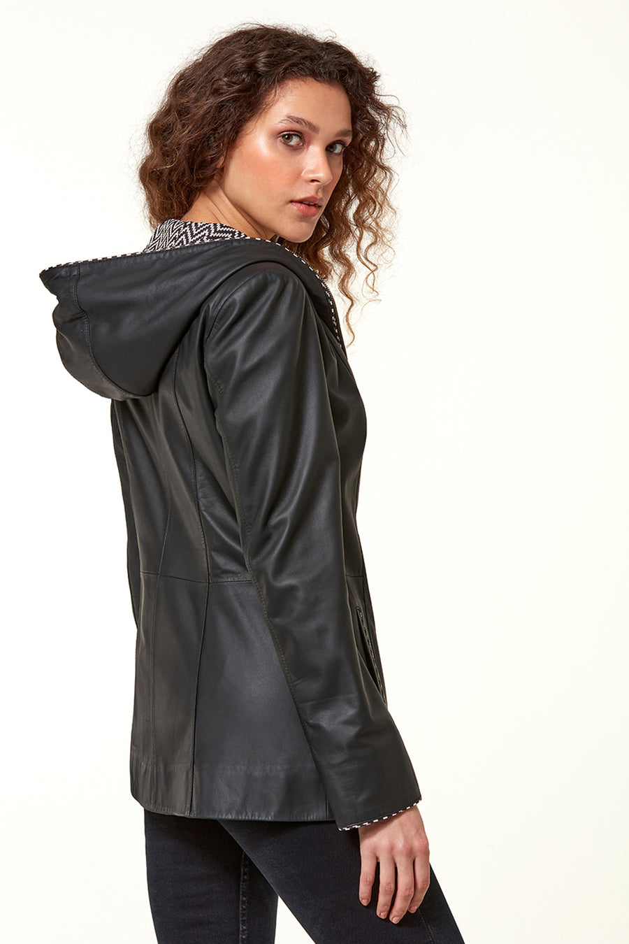 Pamela Women's Black Hooded Long Leather Jacket