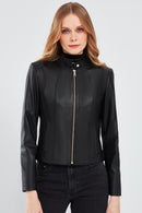 Angie Women's Black Short Leather Jacket | Derimod