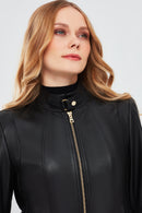 Angie Women's Black Short Leather Jacket | Derimod