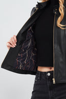 Angie Women's Black Short Leather Jacket | Derimod