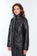 Madrid Women's Black Puffer Leather Jacket | Derimod