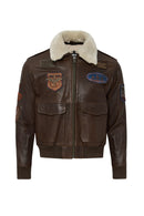 Top Gun Women's Brown Embroidered Leather Pilot Coat with Fur Collar | Derimod