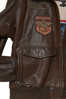 Top Gun Women's Brown Embroidered Leather Pilot Coat with Fur Collar | Derimod