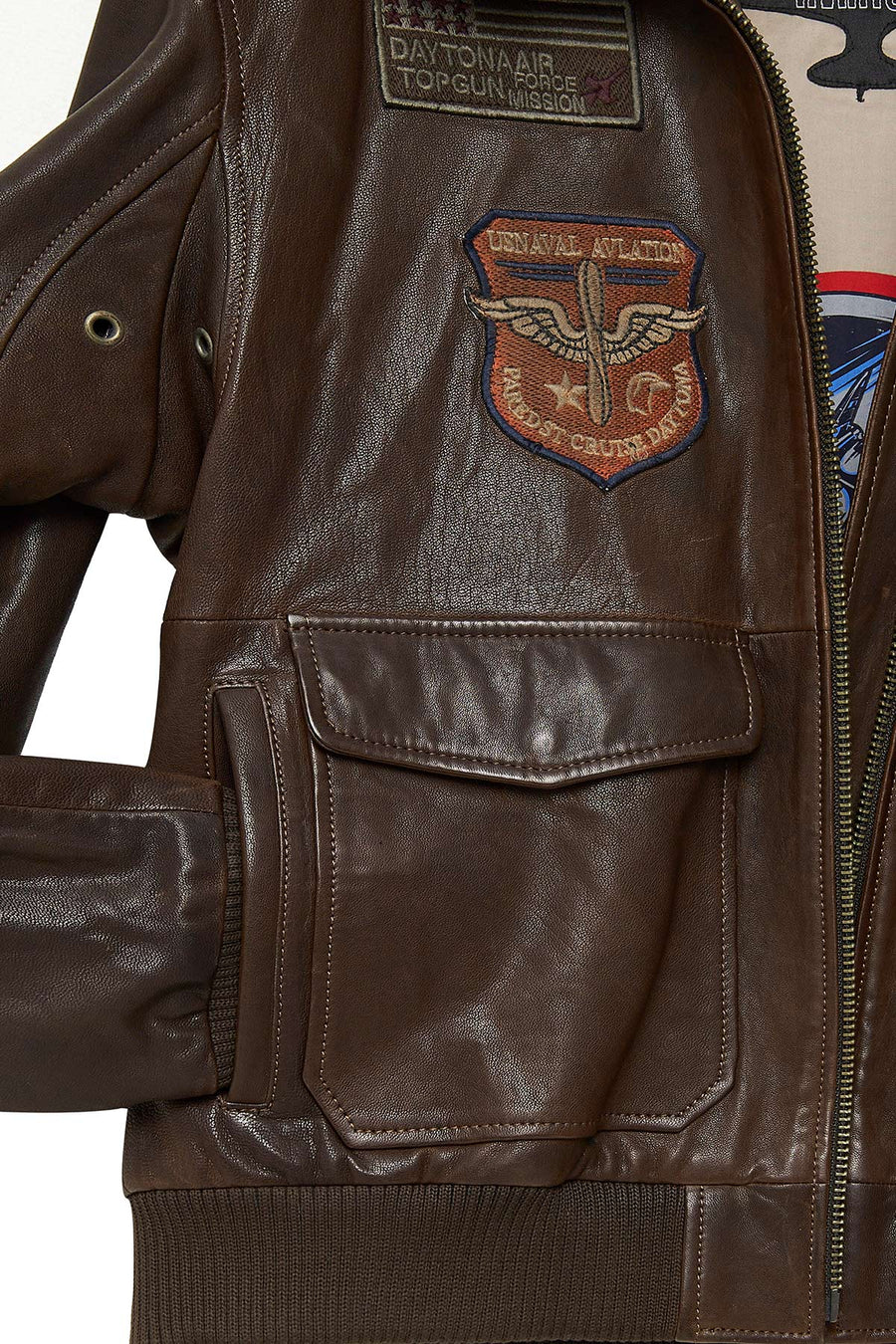 Top Gun Women's Brown Embroidered Leather Pilot Coat with Fur Collar