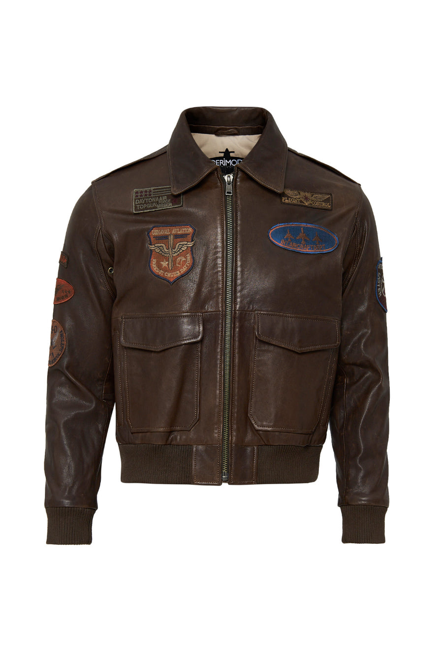 Top Gun Women's Brown Embroidered Leather Pilot Coat with Fur Collar