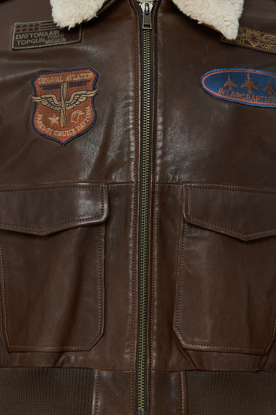 Top Gun Women's Brown Embroidered Leather Pilot Coat with Fur Collar