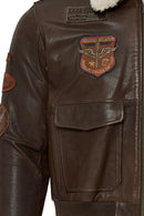 Top Gun Women's Brown Embroidered Leather Pilot Coat with Fur Collar | Derimod