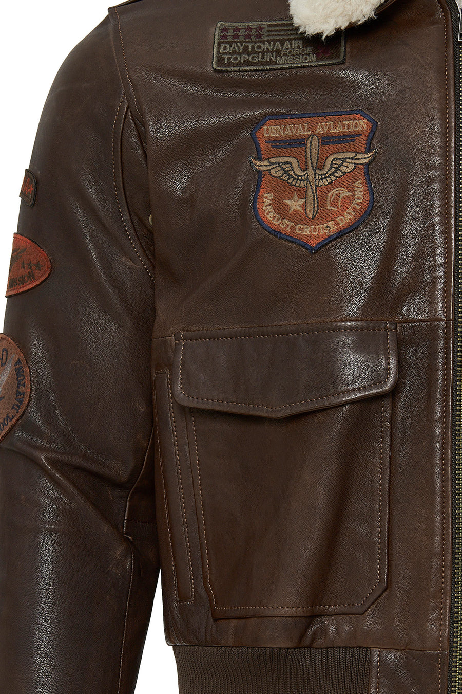 Top Gun Women's Brown Embroidered Leather Pilot Coat with Fur Collar