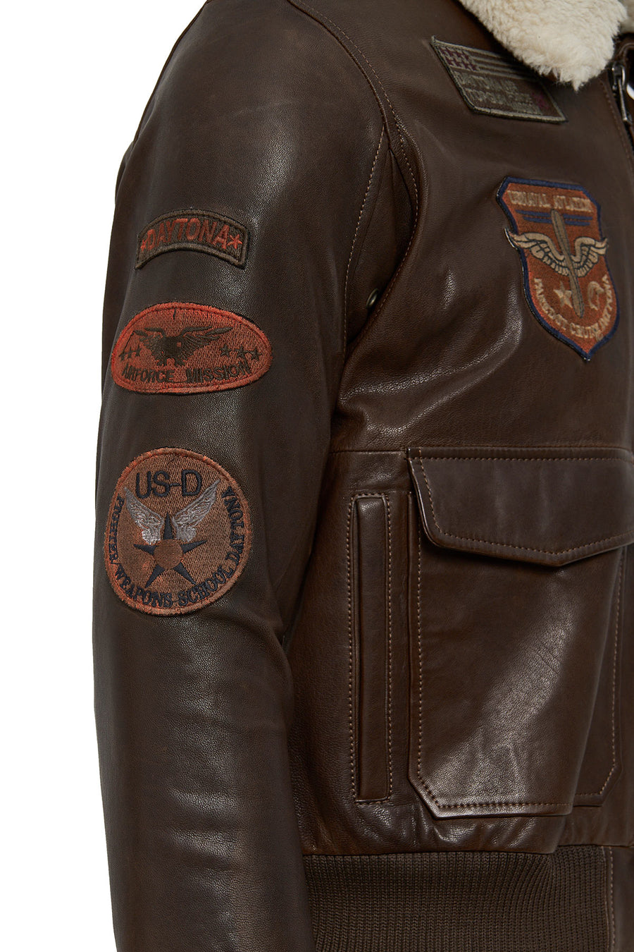 Top Gun Women's Brown Embroidered Leather Pilot Coat with Fur Collar
