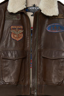 Top Gun Women's Brown Embroidered Leather Pilot Coat with Fur Collar | Derimod