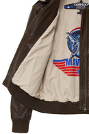 Top Gun Women's Brown Embroidered Leather Pilot Coat with Fur Collar | Derimod