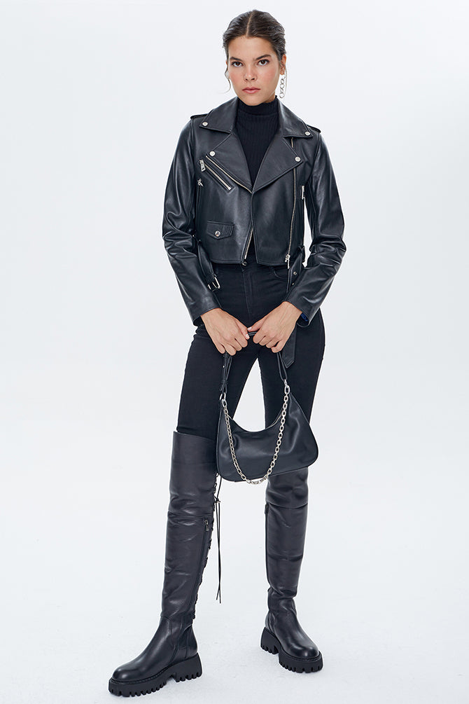 Star Kadın Siyah Deri Biker Ceket 22WGD59851M | Derimod