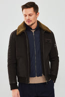 Falcon Men's Brown Embroidered Collar Fur Leather Pilot Jacket | Derimod