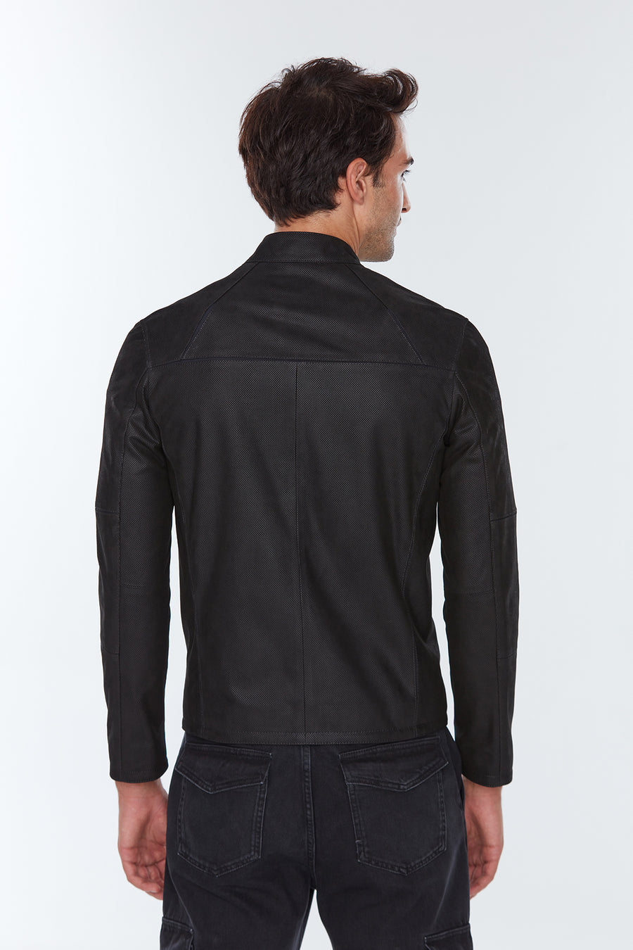 Neymar Erkek Siyah Süet Baskılı Slim-Fit Kısa Deri Ceket