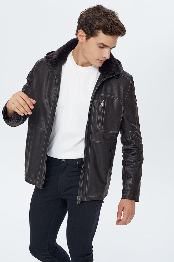 Haaland Men's Brown Hooded Fur Leather Jacket