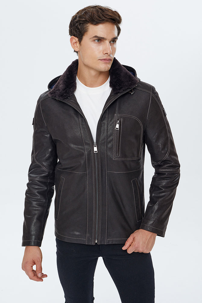 Haaland Men's Brown Hooded Fur Leather Jacket