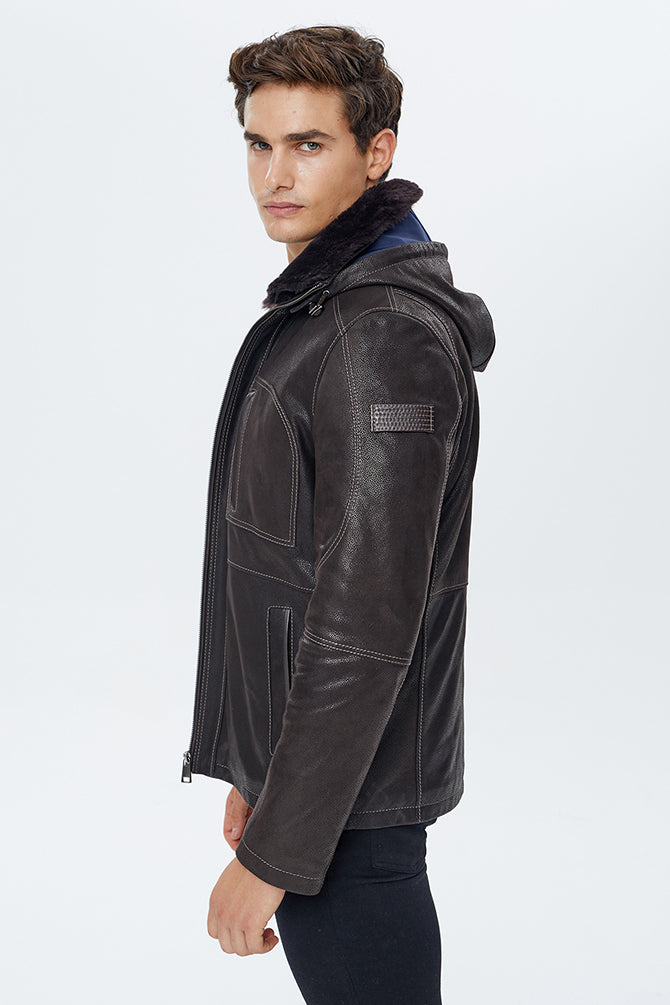 Haaland Men's Brown Hooded Fur Leather Jacket