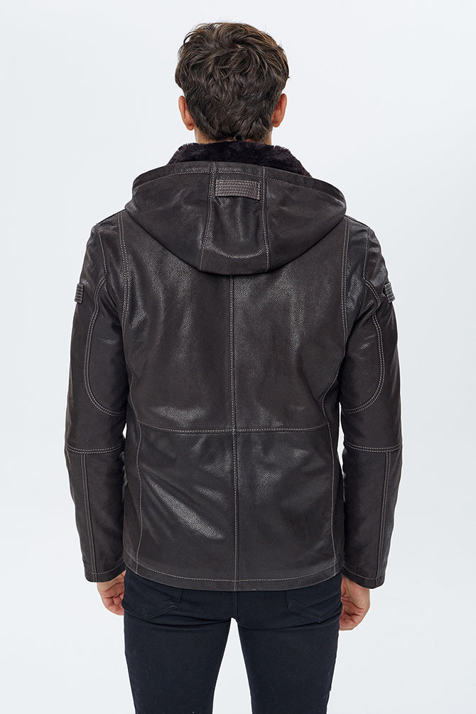 Haaland Men's Brown Hooded Fur Leather Jacket