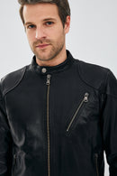 Lebron Men's Black Slim-Fit Leather Jacket | Derimod