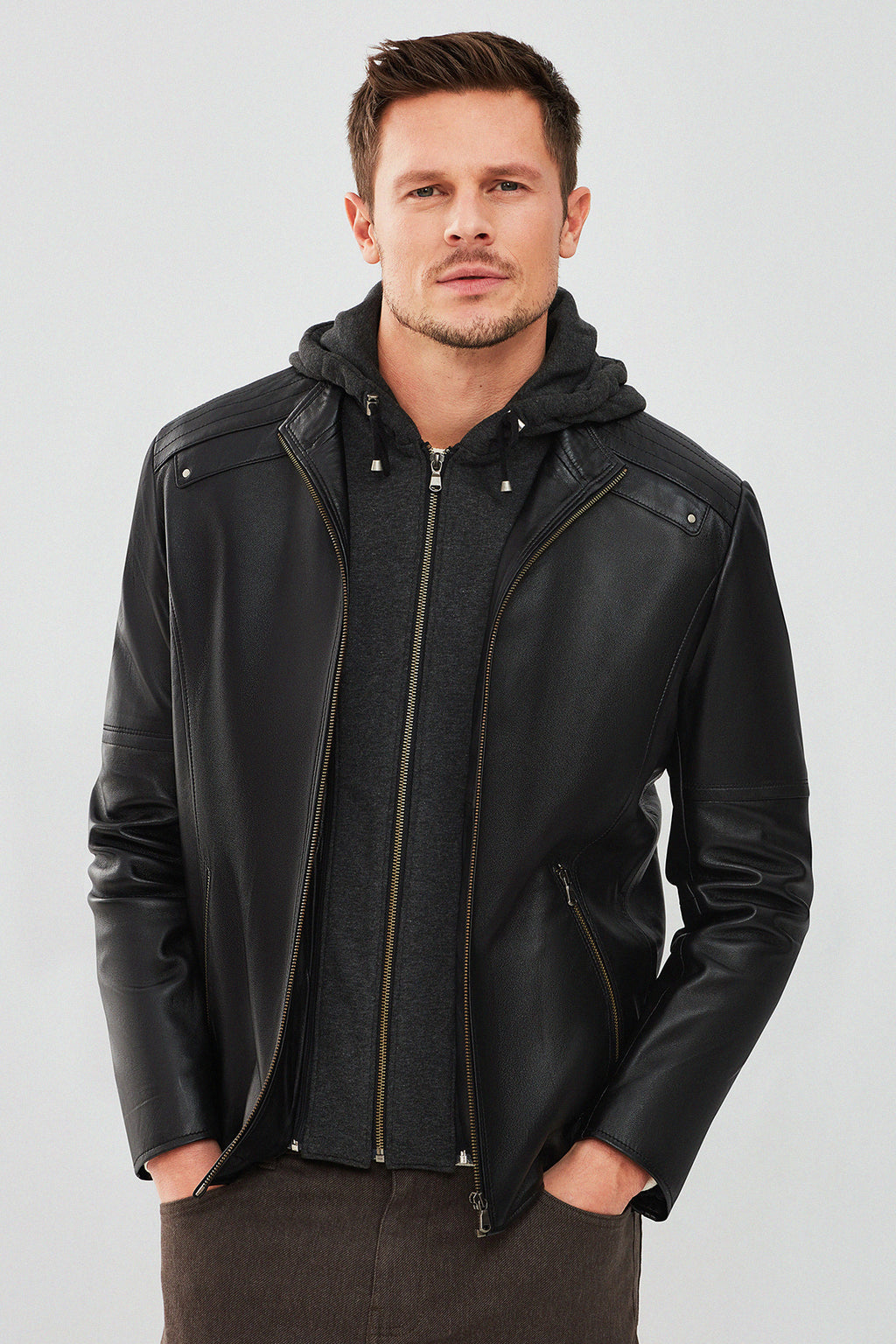 Danny Erkek Siyah Kapüşonlu Spor Deri Ceket