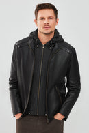 Danny Men's Black Hooded Sports Leather Jacket | Derimod