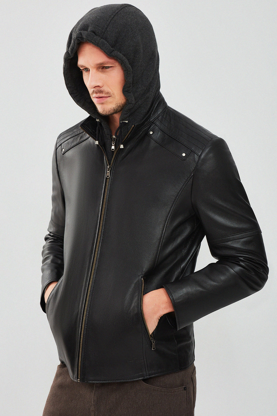 Danny Men's Black Hooded Sports Leather Jacket