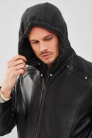 Danny Men's Black Hooded Sports Leather Jacket | Derimod