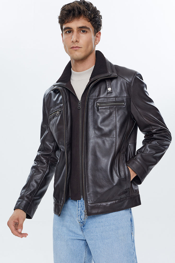Antonio Men's Brown Double Collar Leather Jacket